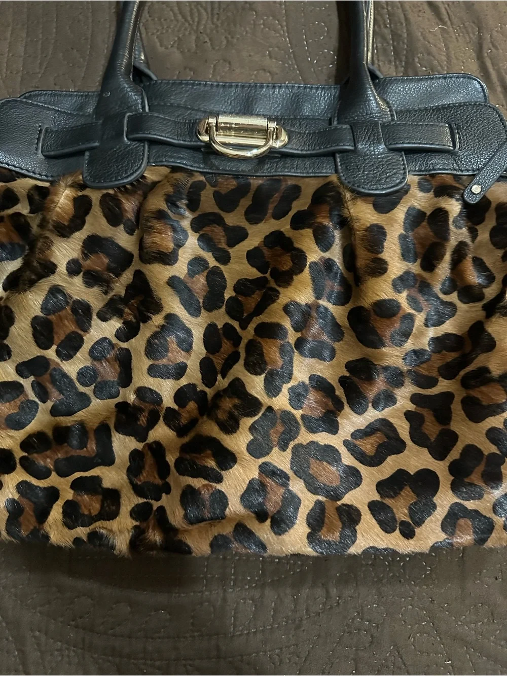 Leopard Print Faux Fur Tote with Black Trim
